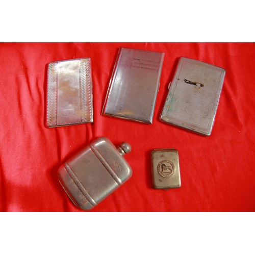 359 - 3 silver plated cigarette cases, a silver plated matchbook holder, the cover marked for the British ... 