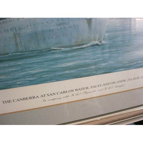 132 - Print of RMS Canberra in San Carlos Water during the Falklands War, framed & glazed