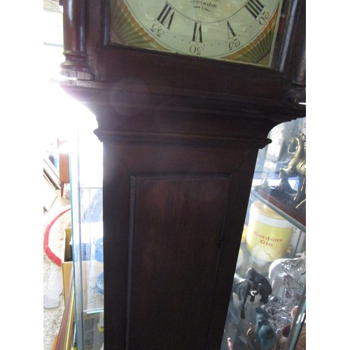 160 - A T Howes of Swindon grandfather clock, appears to be early 19th century, with pendulum and weight, ... 