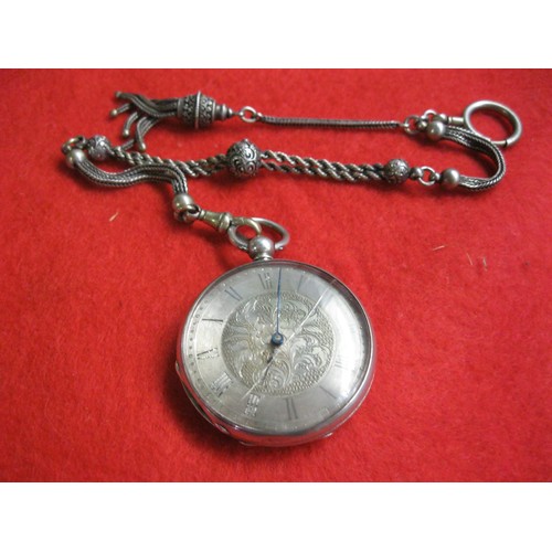 99C - A fine silver (975) pocket watch on an ornate chain by Thevenaz Freres of Geneva, c1870, key wind an... 