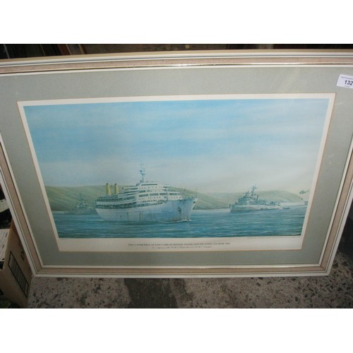 52 - Print of RMS Canberra in San Carlos Water during the Falklands War, framed & glazed