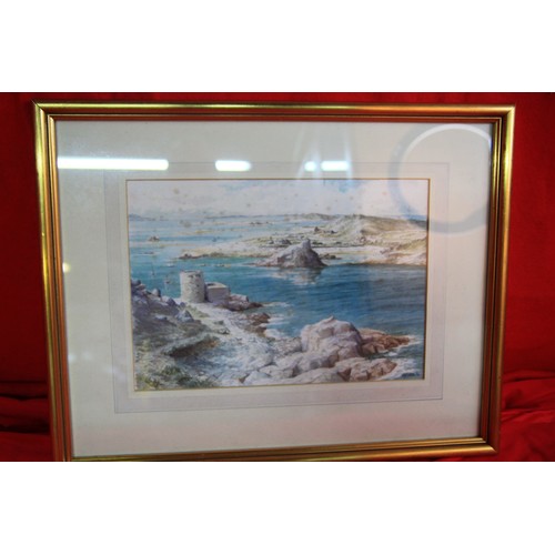 127 - Five framed and glazed prints, including three seascape watercolours