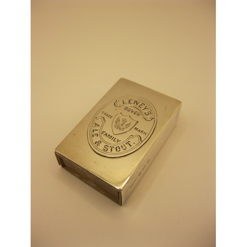 227 - An antique sterling silver matchbox holder, the cover inscribed to Leney's of Dover Ale & Stout, hal... 