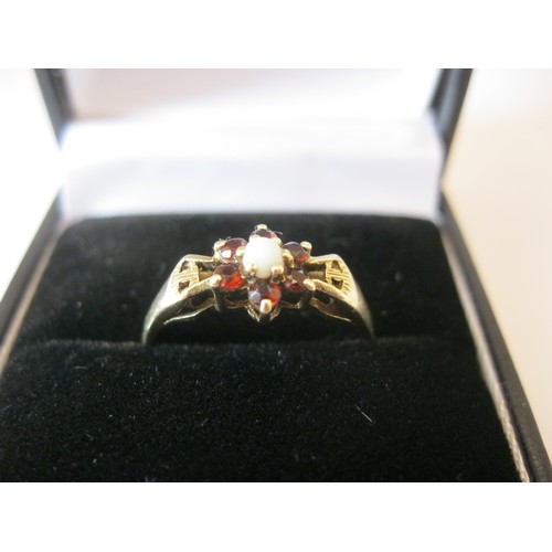 236 - A 9 carat gold ring with central opal surrounded by ruby cluster, approx weight 1.55g, size M