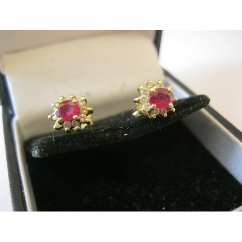 241 - A pair of 9 carat gold earrings set with a central ruby surrounded by chip diamond, approx weight 1.... 