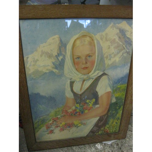 129 - Vintage Oak framed Tyrolean Alpine Girl picture