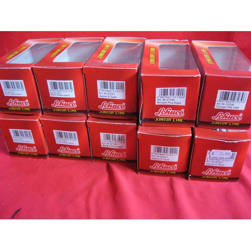 280 - 10 boxed Schuco Junior Line die cast model cars, new old stock, some storage wear to boxes, comprisi... 