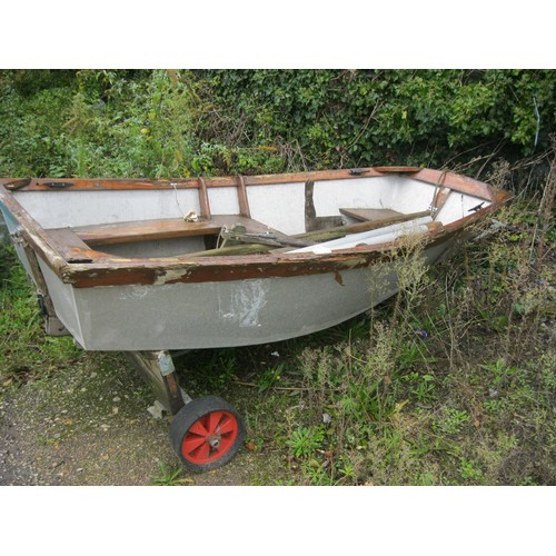 296 - An aluminium Mirror sailing dinghy with mast but no sails, on launching trolley - collection only or... 