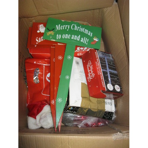 295 - A large box of assorted Christmas decorations including garden signs, lights etc