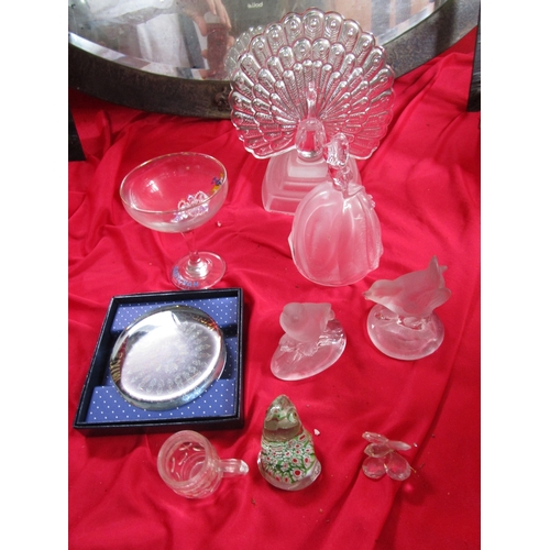 69 - A mixed selection of clear and obscure glass including a York minster boxed paperweight and two bird... 