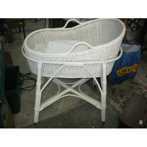 53 - A vintage Moses basket on bentwood stand, white painted, fitted with a new mattress