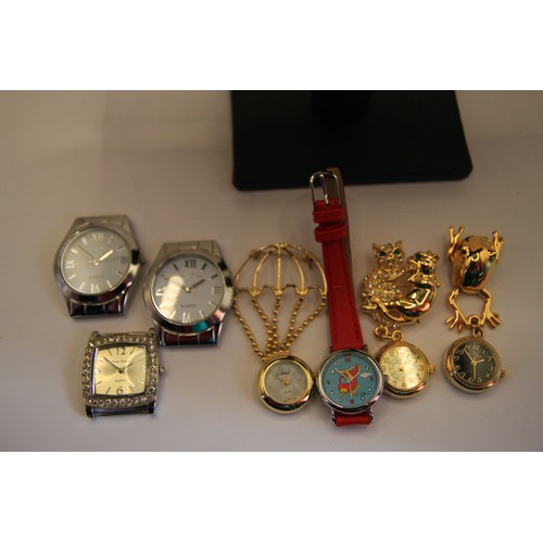 64 - 3 watch heads, 3 band watches, 3 watch brooches and a kid's watch by Le Chat, all working