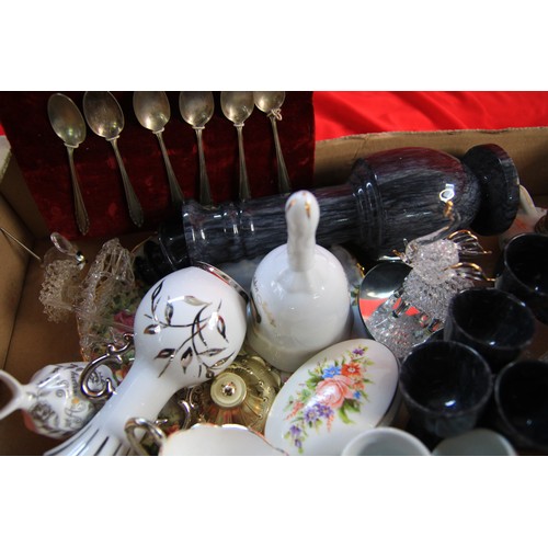 170 - A large tray of assorted ceramics ,Glass etc to include eggcups ,Glass ornaments ,two boots and a wh... 