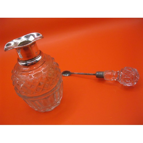 231 - A beautiful cut glass scent bottle with silver collar, stopped has attached spoon/dabber, hallmarked... 