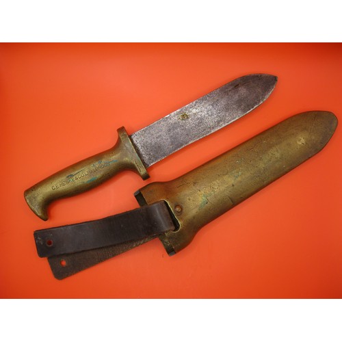 178 - A vintage C E Heinke brass diver's knife with scabbard in good order, pre-war, British