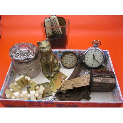 365 - A tray of collector's items including silver topped jar, novelty inkwell and a folding campaign knif... 