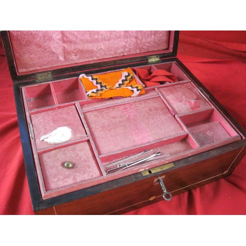 395 - A vintage inlaid wooden sewing box with key