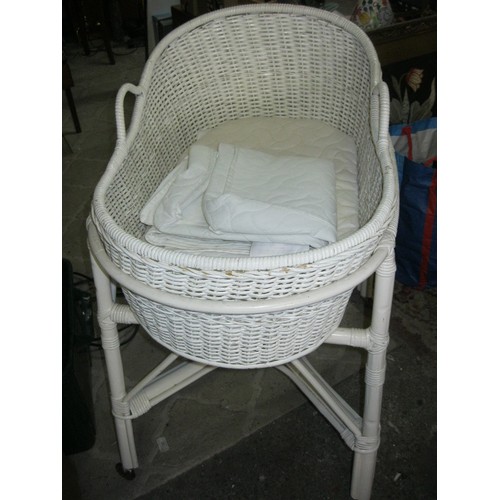 70 - A vintage Moses basket on bentwood stand, white painted, fitted with a new mattress