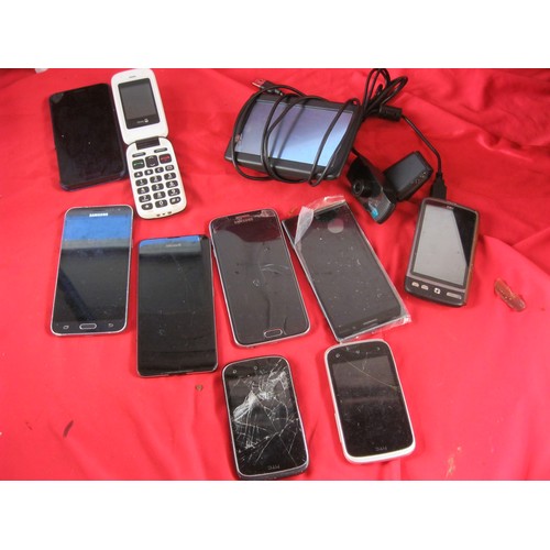 105 - A box of assorted mobile phones, some old, some newer, and a working TomTom Satnav