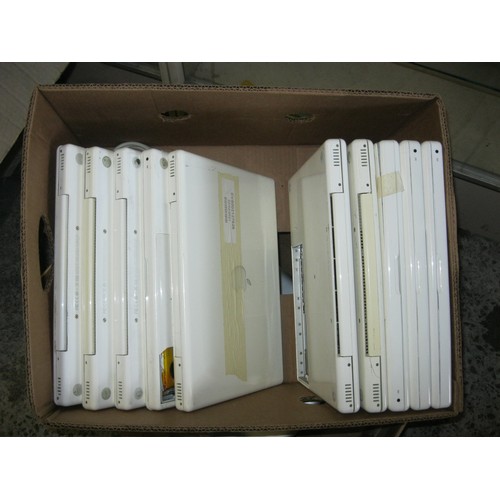 107 - 10 x older white cased Apple MacBooks with a handful of power supplies, some boot to '?' in folder o... 