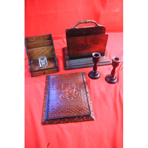 161 - An assortment of wooden desk furniture including a desk stand with glass inkwell