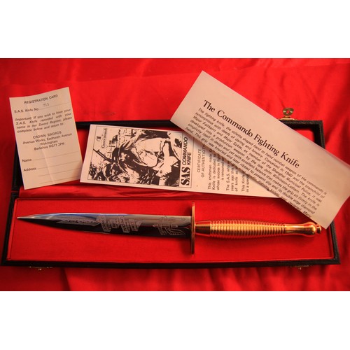 155 - A Fairbairn Sykes SAS Commemorative Knife in presentation case embossed with the SAS Insignia, the h... 
