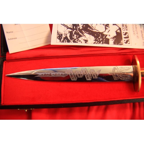 155 - A Fairbairn Sykes SAS Commemorative Knife in presentation case embossed with the SAS Insignia, the h... 
