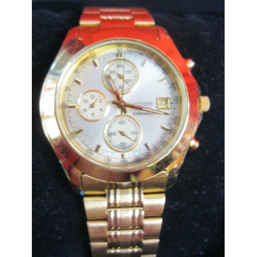 268 - A pair of new old stock Citizen Quartz Chronograph watches, boxed with papers, gold coloured case an... 