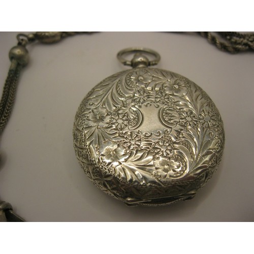 292 - An antique pocket watch in .935 fine silver, with Chatelain chain, key wind and set, with keys, in r... 