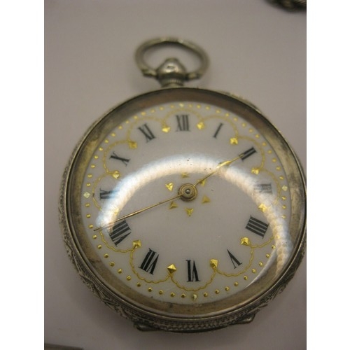 292 - An antique pocket watch in .935 fine silver, with Chatelain chain, key wind and set, with keys, in r... 