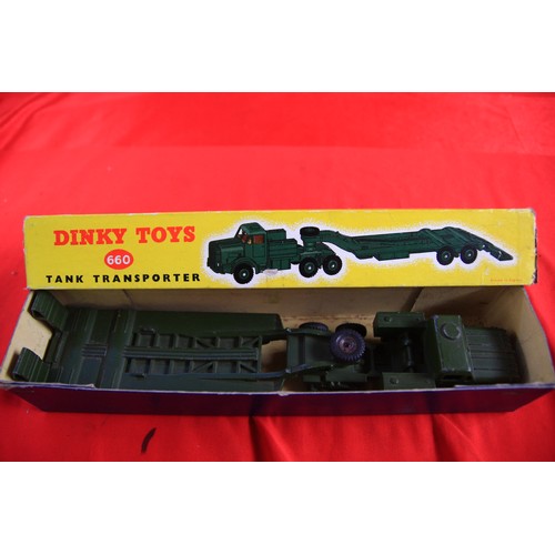 179 - A Dinky Toys #660 Tank Transporter in original yellow box, some storage wear to box, minor marks to ... 