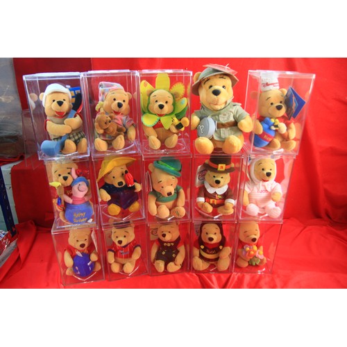 184 - A collection of 15 Winnie the Pooh Bear Beanie Babies in cases, all in mint condition with tags