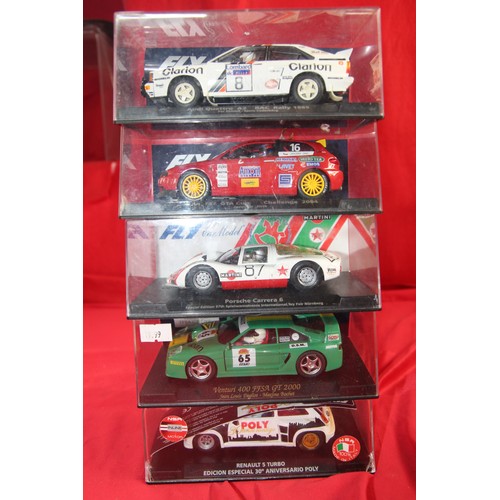137 - Five Fly Car Model slot cars - Porsche Carrera 6, Alpha 147 Jarmir Jirik, Audi Quattro A2 RAC Rally ... 