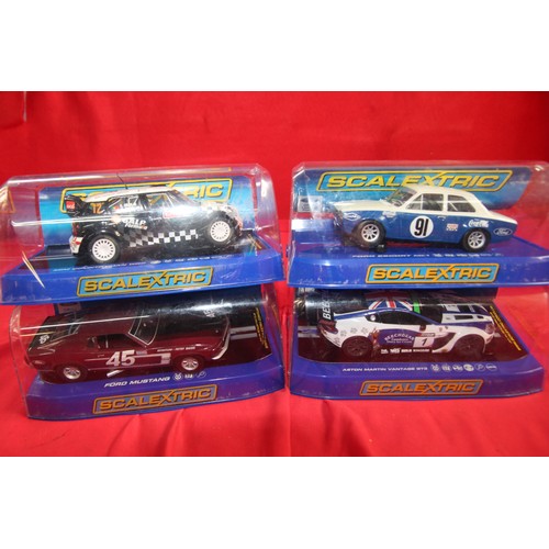 140 - Four Scalextric slot cars - Ford Mustang Reventlow Pettey Racing, Mini Countryman WRC, Ford Escort M... 