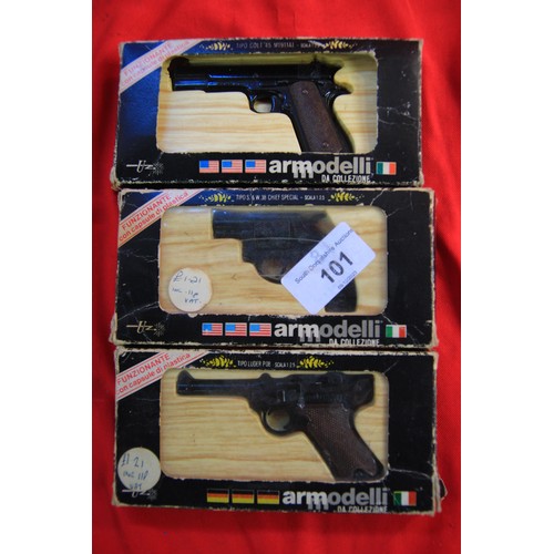 101 - Three Armodelli miniature pistols in original boxes - a Luger, a Colt 45 and a Smith & Wesson .38 Ch... 