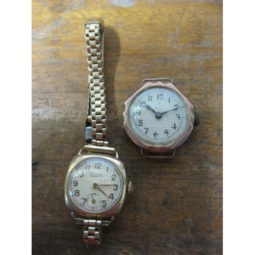 4 - A pair of Swiss-made antique 9 carat gold-cased ladies wristwatches, one with no strap, the other wi... 