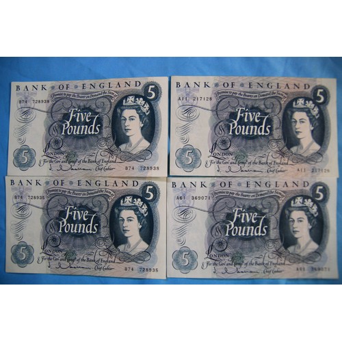 36 - 4 x Series C £5 notes, J Q Hollom Chief Cashier signature, 2 have bank stamps to reverse but overall... 