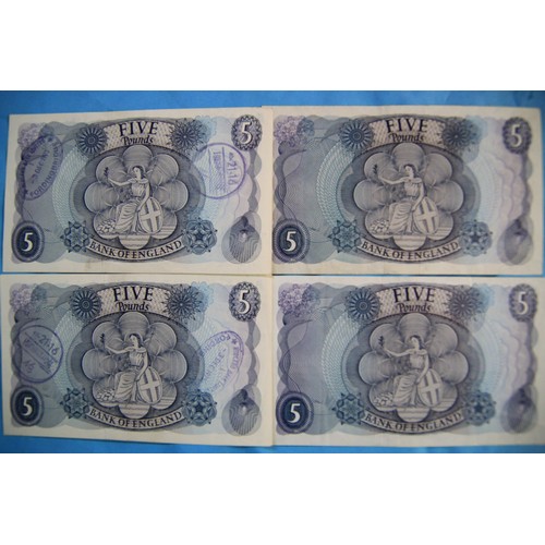 36 - 4 x Series C £5 notes, J Q Hollom Chief Cashier signature, 2 have bank stamps to reverse but overall... 