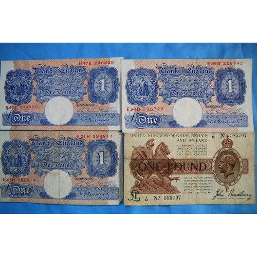 37 - 1 x £1 George V Treasury Issued 1917 note, signed John Bradbury, plus 3 x Wartime Emergency Issue £1... 