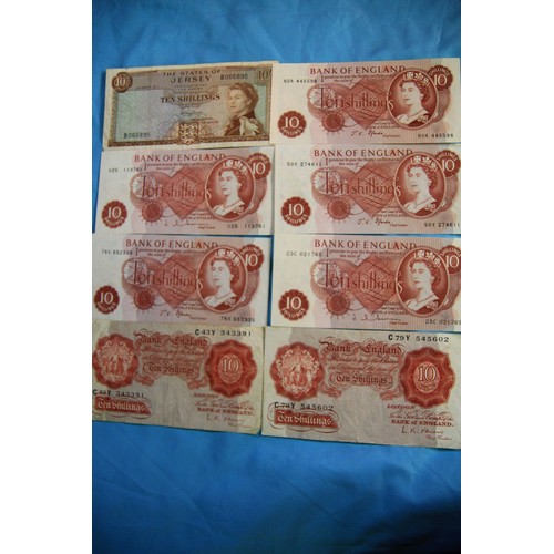 40 - A selection of 8 10 shilling notes, 2 x Series B, 5 x Series C, plus a States of Jersey 10 shilling ... 