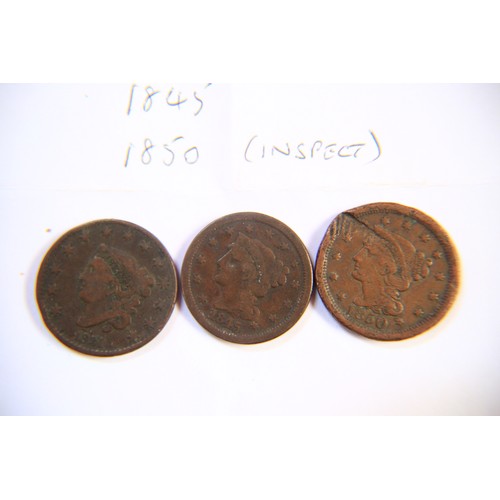 41 - 3 large US 1 cent coins, 1 x 1831 Liberty Head/Matron Head, 1 x 1845 Liberty Head/Braided Hair Cent ... 