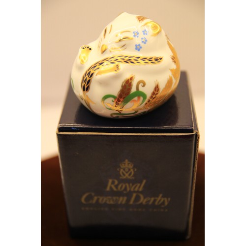 57 - Royal Crown Derby Sleeping Dormouse.  Gold Stopper and Boxed