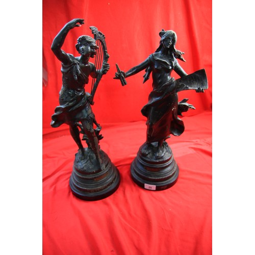 25 - A pair of spelter figures of fair size, after Augustus Moreau, Love's Melody and Evening Song, both ... 