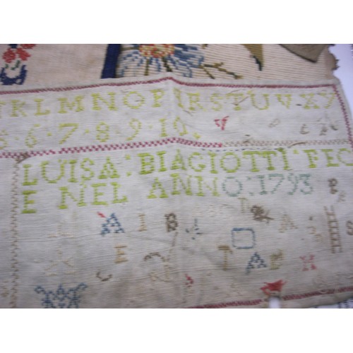 115 - 2 needlework samplers by Luisa Biagiott 1793 and Elizabeth Long 1830, an embroidered bag and a woolw... 