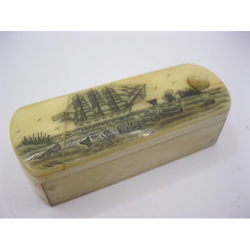 120 - A scrimshaw marine bone snuff box with novelty lock system engraved with scene of American whalers i... 