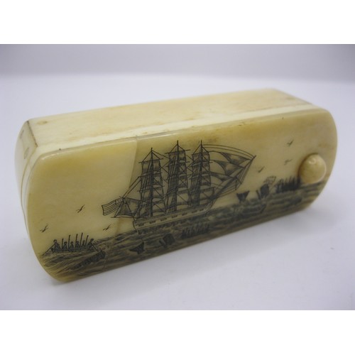 120 - A scrimshaw marine bone snuff box with novelty lock system engraved with scene of American whalers i... 