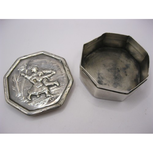 166 - A sterling silver tabletop snuff box with dancing figures to lid, formerly hinged but hinge long sin... 