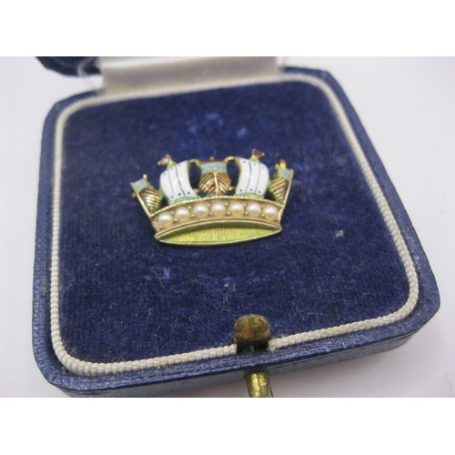 185 - A 9 carat gold and enamel pearl set naval crown sweetheart brooch in a Garrard & Co box, approx weig... 