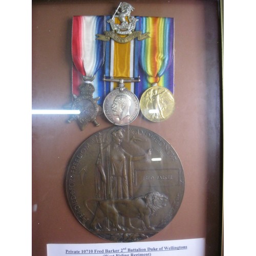 224 - A WW1 Medal Trio & Death Penny for 10710 Fred Barker, 2nd Bn West Riding (Duke of Wellington's) Regi... 