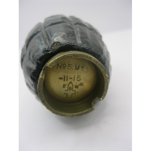 225 - A deactivated WW1 Mill's Grenade, No5 MkI dated 1915, base unscrews